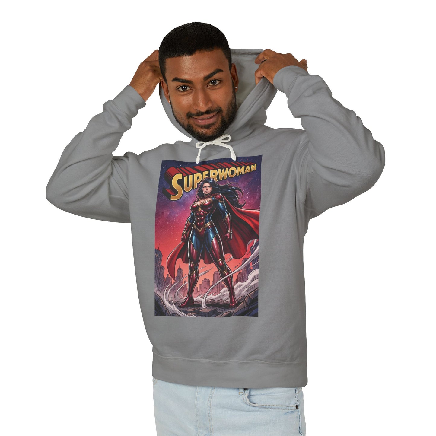 Superwoman Hoodie | DC Superhero Hoodie | Power Unleashed Pullover model wearing gray pullover with bold Superwoman graphic, streetwear comic-book style