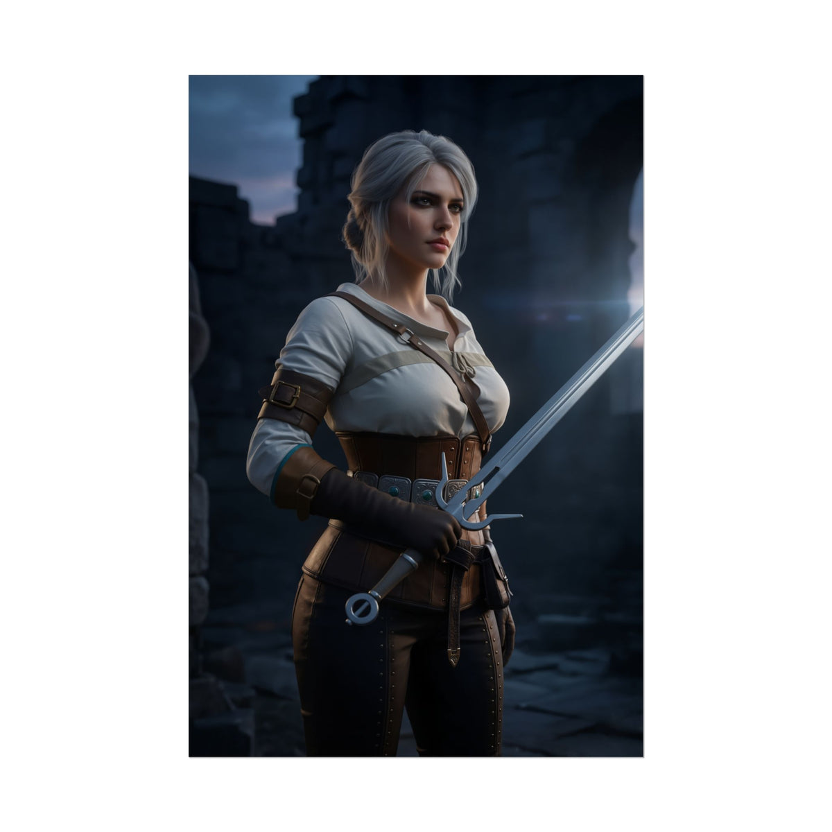 Alt Tag: Ciri Poster, The Witcher Art Print  Iconic RPG Heroine Wall Art featuring Ciri with sword in moody fantasy ruins