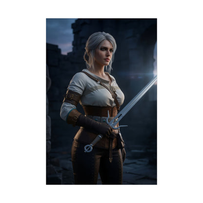 Alt Tag: Ciri Poster, The Witcher Art Print – Iconic RPG Heroine Wall Art featuring Ciri with sword in moody fantasy ruins
