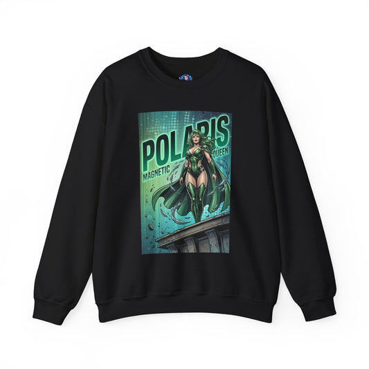 Polaris Sweatshirt, Marvel Crewneck, Magnetic Power Superhero Apparel — black crewneck featuring Polaris with flowing green hair and magnetic energy effects
