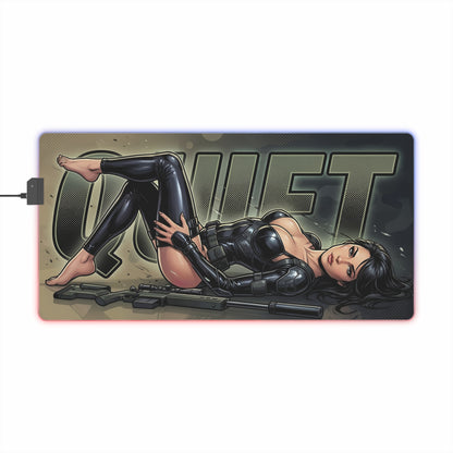 Quiet RGB Desk Mat, Metal Gear Solid V Gaming Mouse Pad, LED Desk Mat featuring reclining tactical sniper artwork with RGB edge lighting