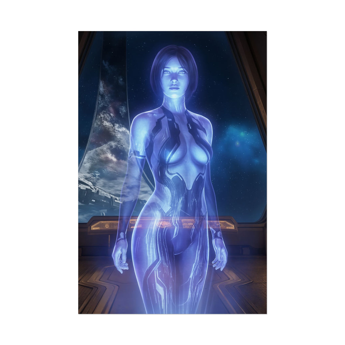 Cortana Halo Poster  Iconic Sci-Fi AI Heroine Wall Art for Gamer Decor, ultra-high-resolution holographic portrait of Cortana in a spaceship window