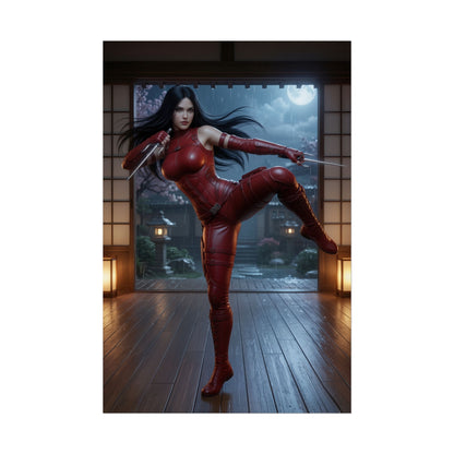 Elektra Poster, Marvel Art Print – Dark Superhero Wall Decor showing Elektra in red suit poised with sais in a moonlit Japanese room