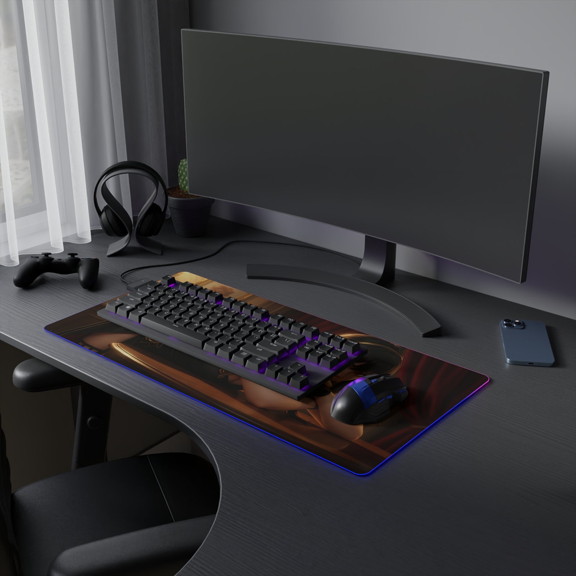 Yor Forger Desk Mat – LED RGB Pad, Waifu Anime Girl Gaming Setup on dark modern desk with keyboard and mouse