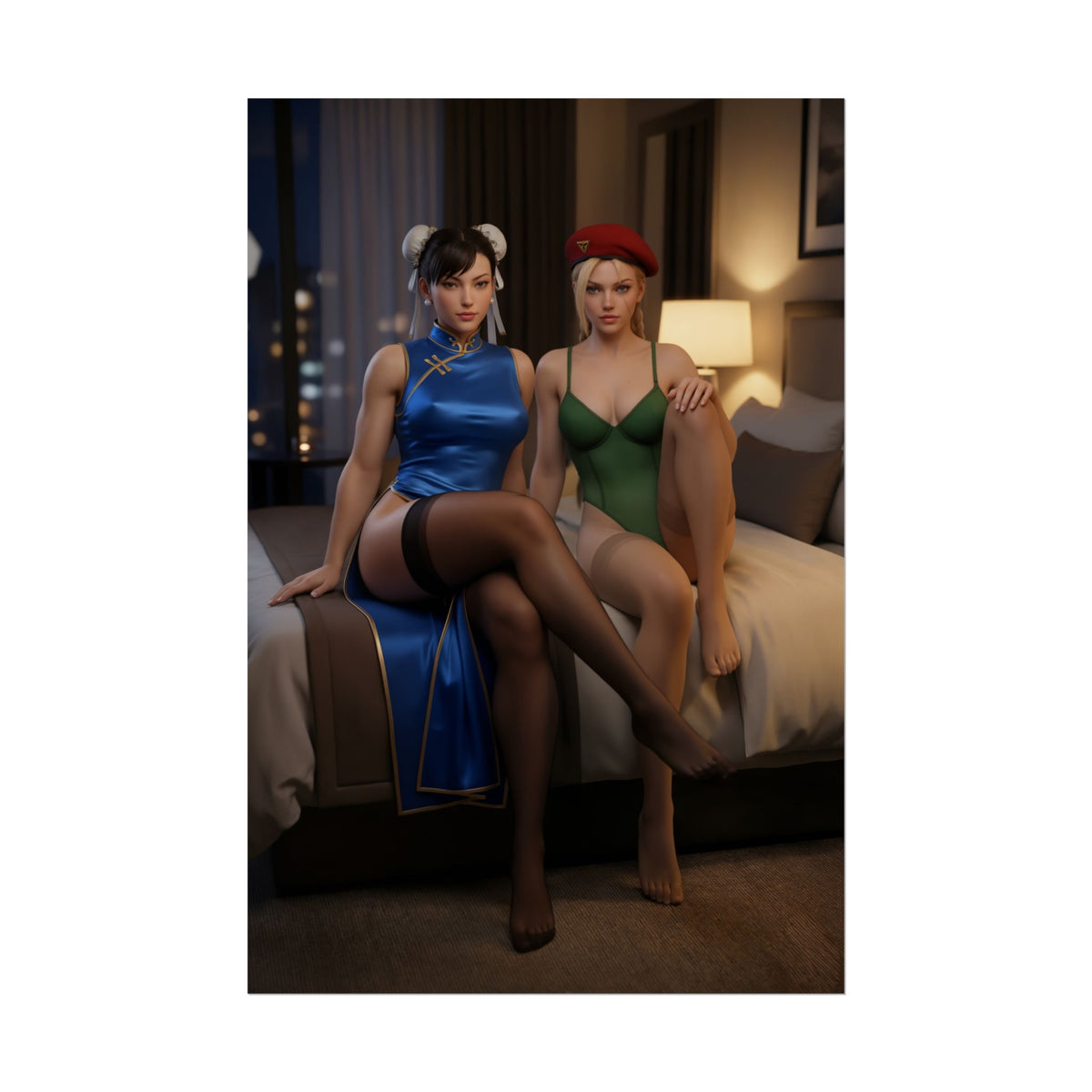 Chun-Li and Cammy White Poster, Street Fighter Art Print  Arcade Wall Art featuring Chun-Li and Cammy in stylish gaming room pose