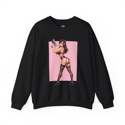 D.Va Sweatshirt, Overwatch Hero Crewneck, Anime-Style Gaming Apparel for Everyday Wear - black crewneck with pinup D.Va anime art