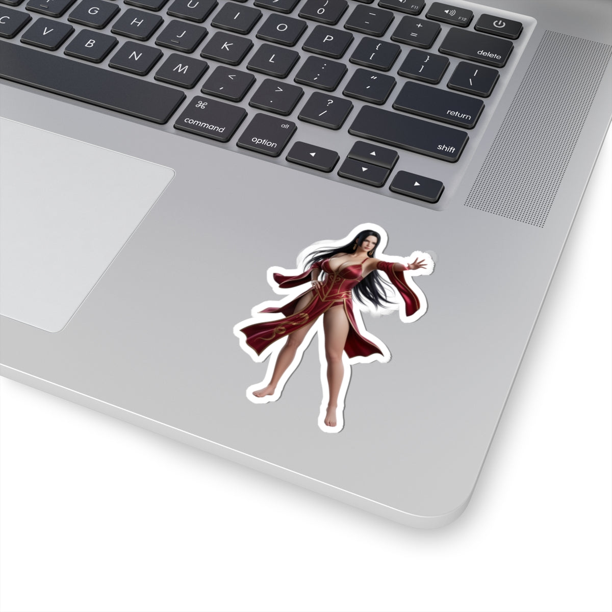 Boa Hancock Sticker – Anime Character Vinyl Sticker for Laptops & Indoor Decor on silver laptop showing glossy die-cut sticker of elegant anime character