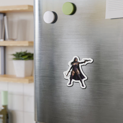 Huntress Magnet – DC Comic Heroine Fridge Magnet, Anime Style Decor on stainless fridge showing die-cut vinyl Huntress anime-style figure