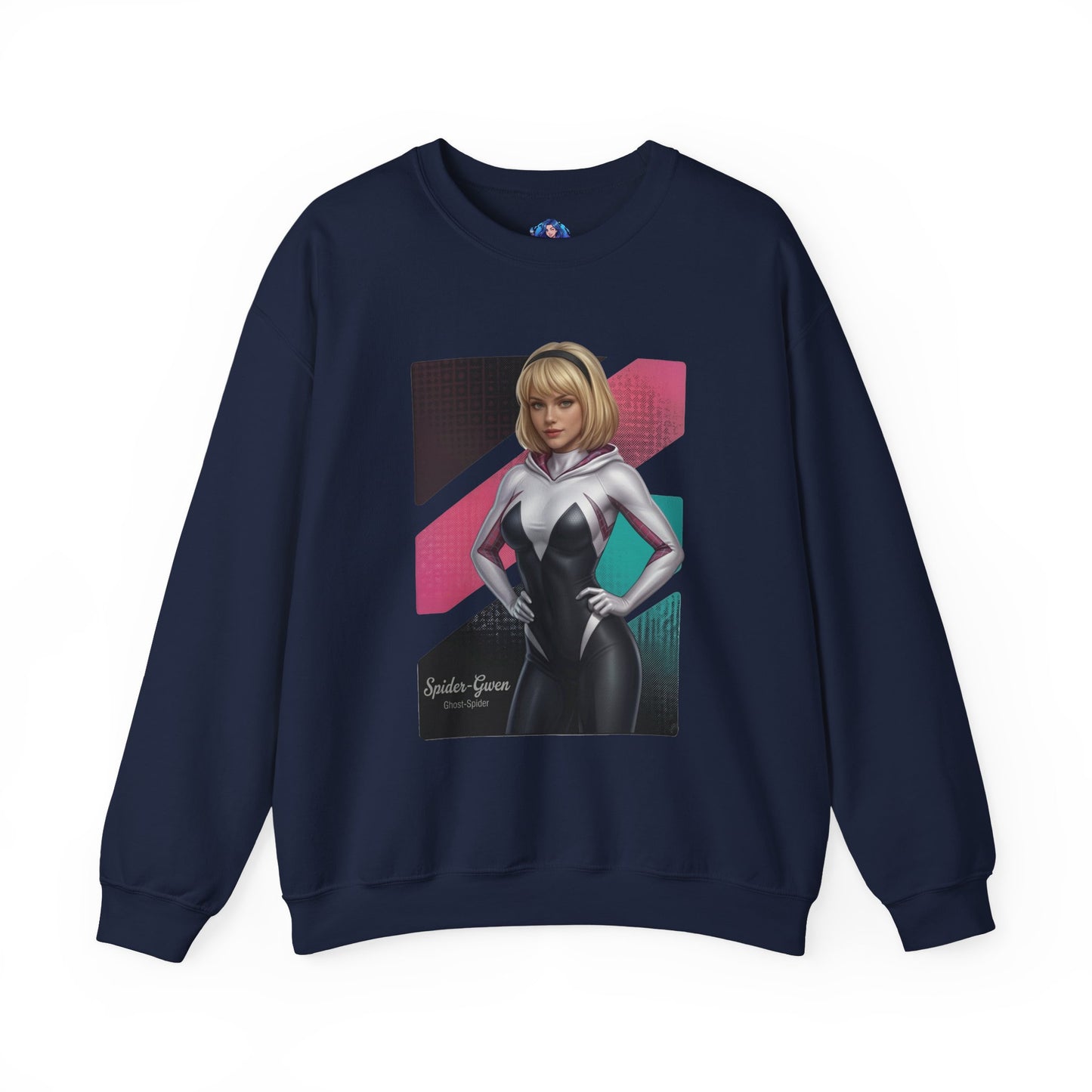 Spider Gwen Sweatshirt, Spider-Verse Crewneck, Stylish Superhero Apparel for Fans – navy crewneck featuring Spider Gwen white-pink graphic and modern comic-style art