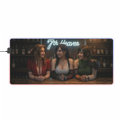 Tifa Lockhart, Aerith Gainsborough & Yuffie Kisaragi Desk Mat – LED RGB Pad featuring trio at 7th Heaven bar with RGB border