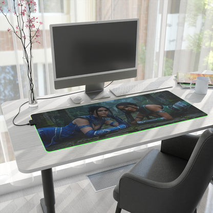 Kitana and Jade Desk Mat – LED RGB Pad, Waifu Fighter Setup on modern white desk with dual heroine artwork and green LED edge