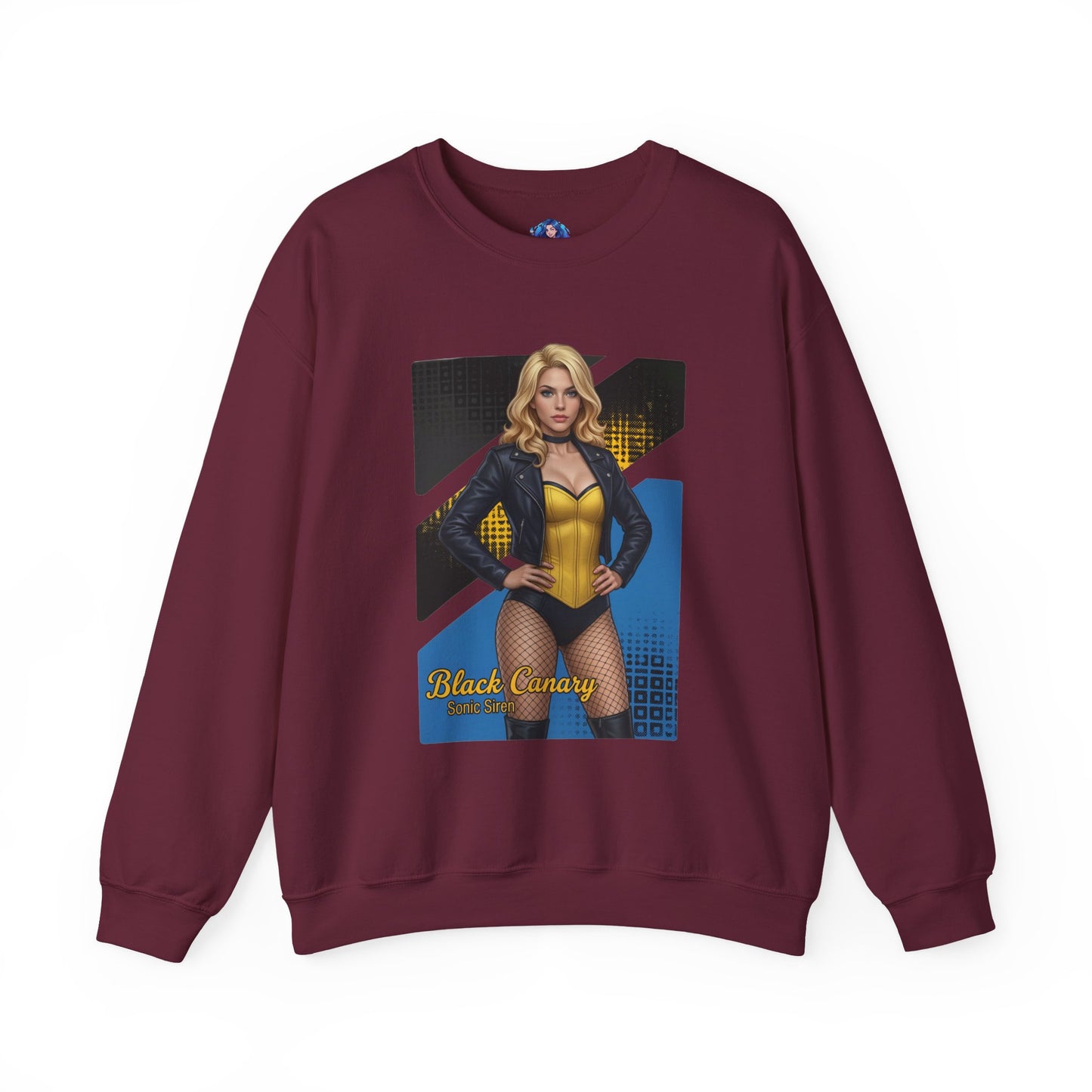 Black Canary Sweatshirt, DC Comics Crewneck, Classic Superhero Apparel for Fans - maroon crewneck with Black Canary artwork, blonde heroine pose