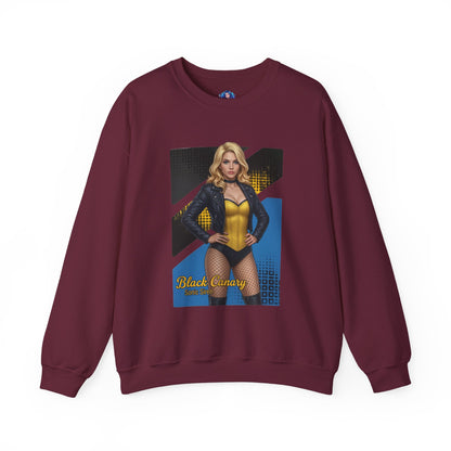 Black Canary Sweatshirt, DC Comics Crewneck, Classic Superhero Apparel for Fans - maroon crewneck with Black Canary artwork, blonde heroine pose