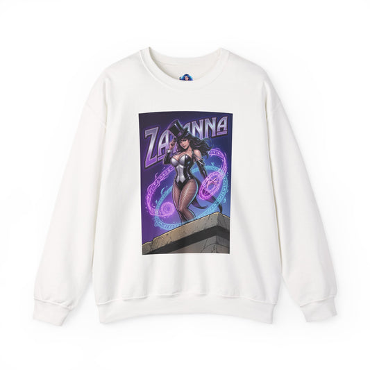 Zatanna Sweatshirt, DC Comics Character Art, Premium Fan Apparel - white crewneck with Zatanna magician art and glowing violet spell effects