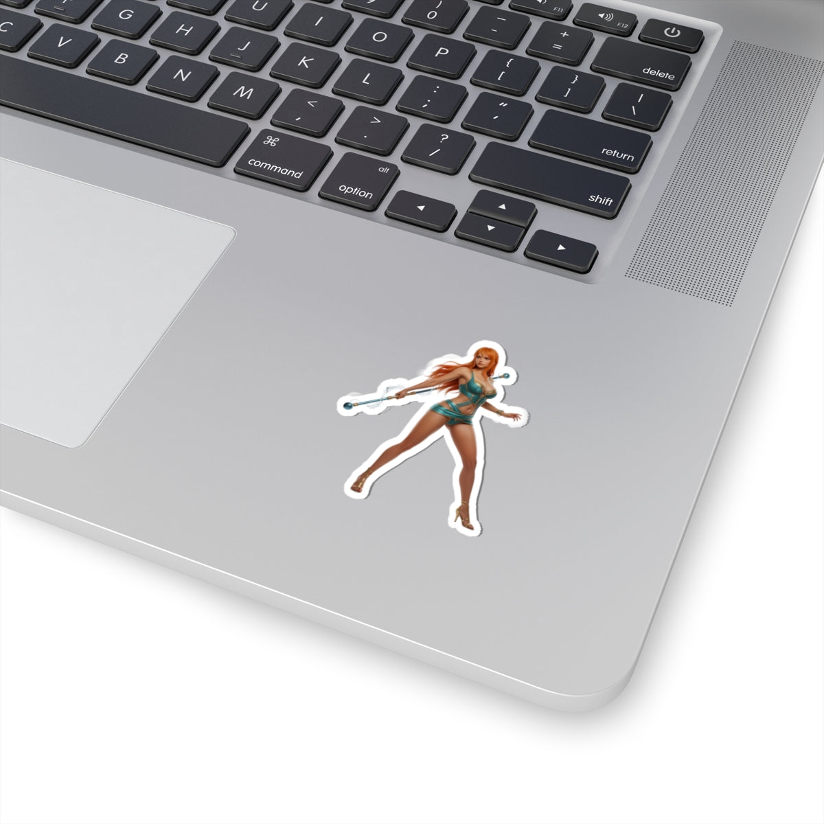 Nami One Piece Sticker – Anime Character Vinyl Sticker for Laptops & Indoor Decor on silver laptop showcasing glossy durable vinyl, bubble-free application