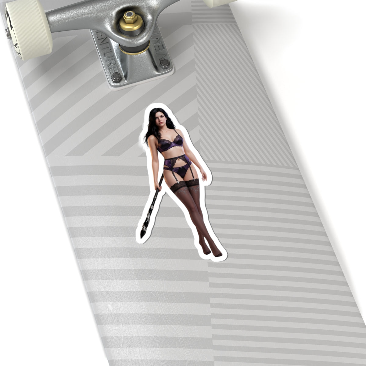 Yennefer Sticker – Fantasy Character Vinyl Sticker for Laptops & Indoor Decor applied on skateboard, glossy durable vinyl, crisp dark elegant artwork