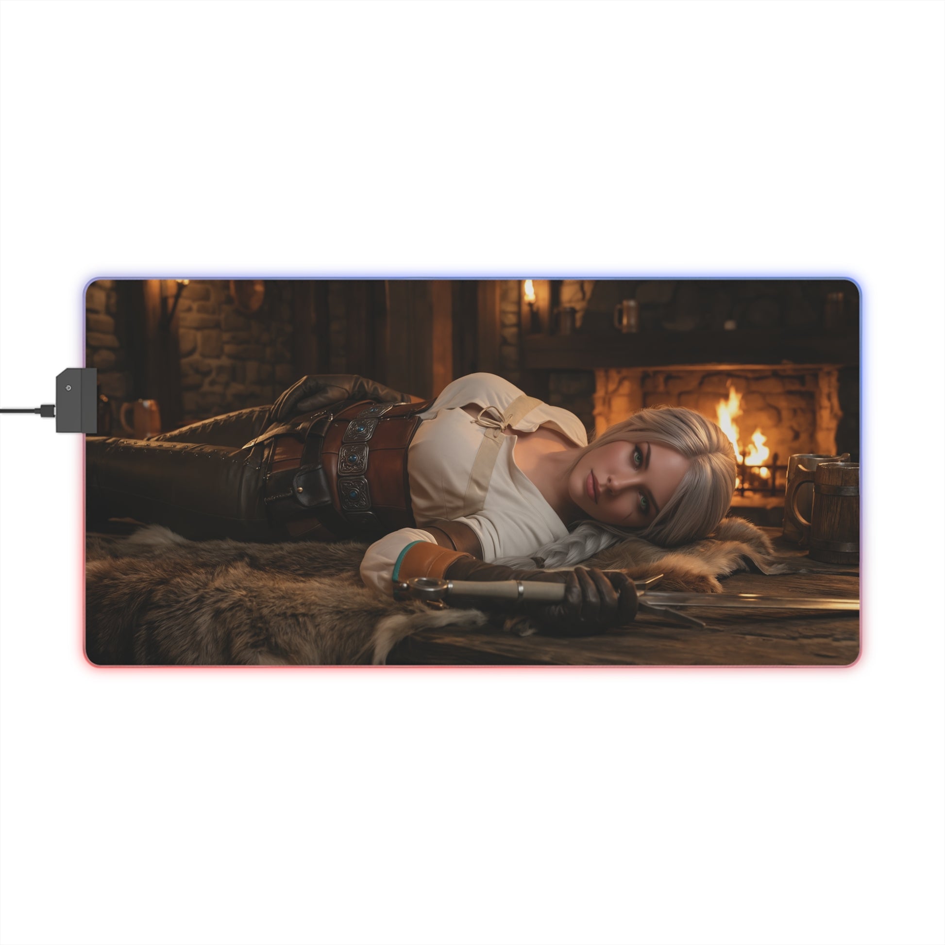 Ciri Desk Mat – LED RGB Pad, Waifu Fantasy Girl Gaming Setup featuring reclining heroine in cozy tavern scene with RGB border