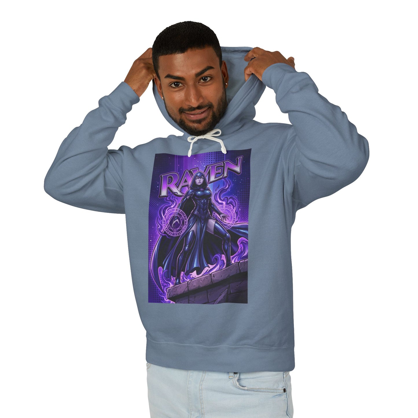 Raven Hoodie | DC Superhero Hoodie | Dark Magic Empress Pullover - model wearing blue pullover featuring Raven arcane artwork
