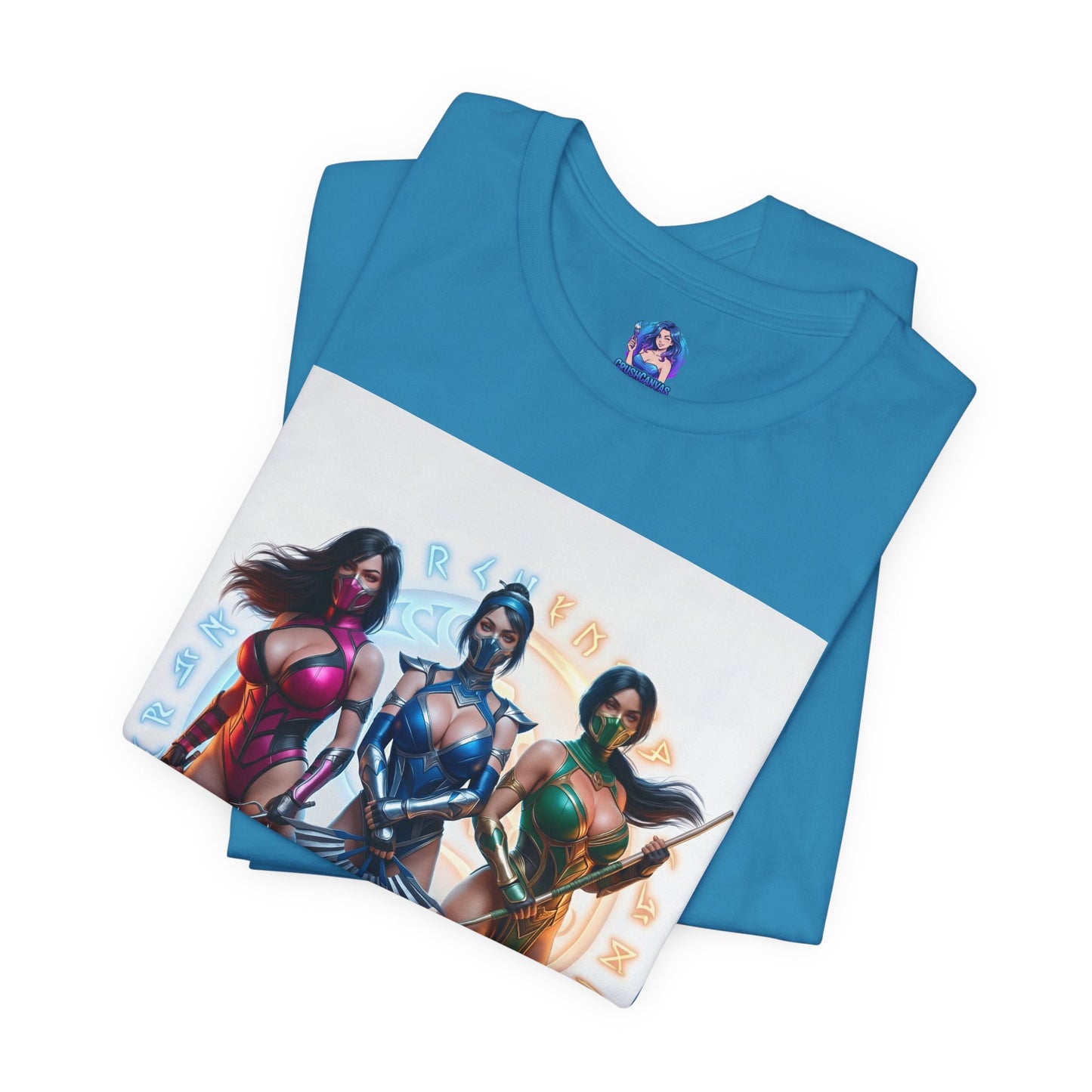 Kitana Jade and Mileena T-Shirt | Mortal Kombat Anime Tee for Gamers & Fans - anime-style trio print on blue Bella tee