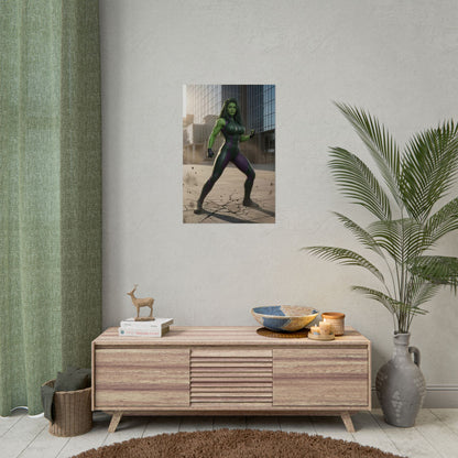 She-Hulk Poster, Marvel Art Print – Superhero Wall Art on modern entertainment room wall, bold comic decor for gamer and fan collections