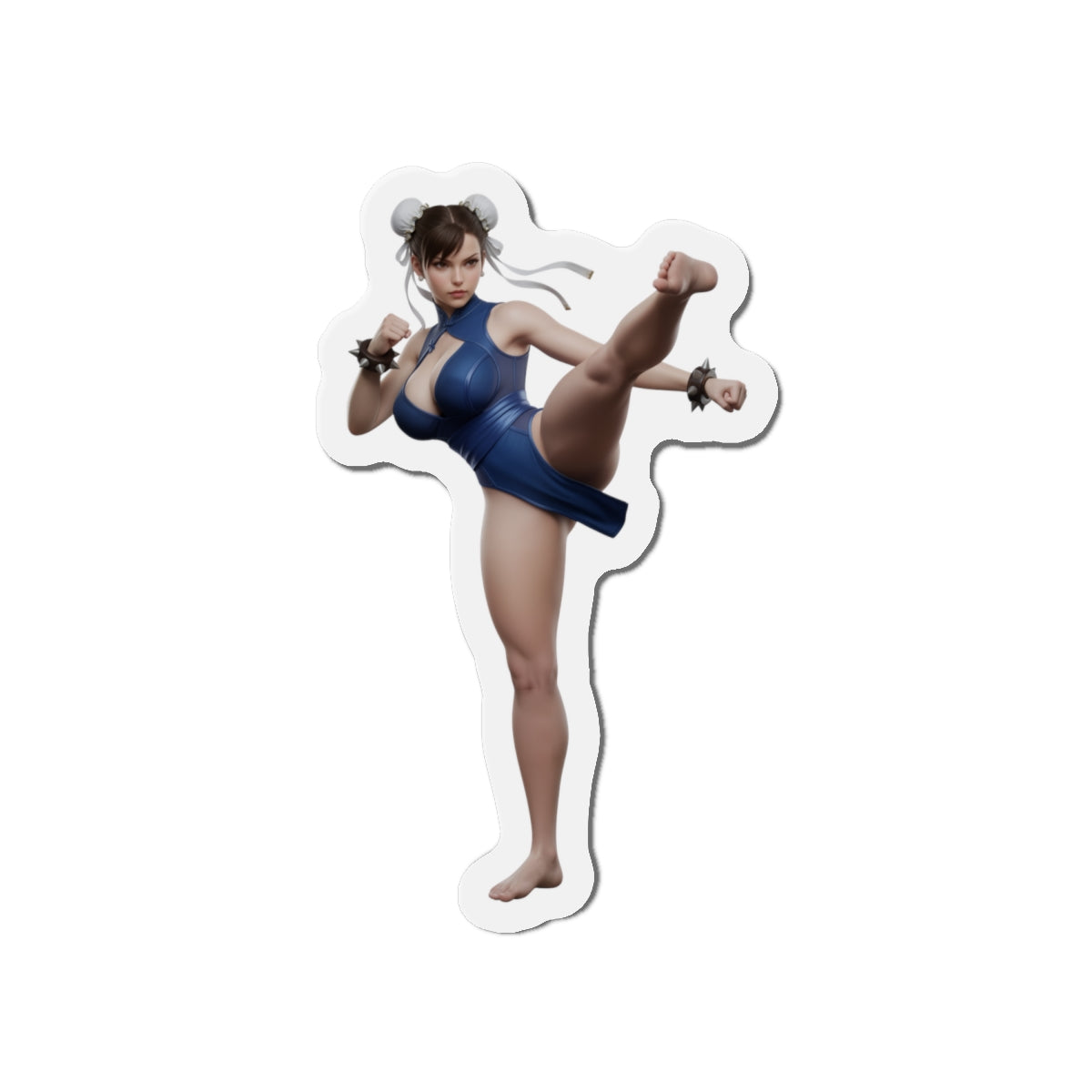 Alt Tag: Chun-Li Magnet – Street Fighter Character Fridge Magnet, Anime Game Decor die-cut vinyl fridge magnet showing Chun-Li in blue qipao kick