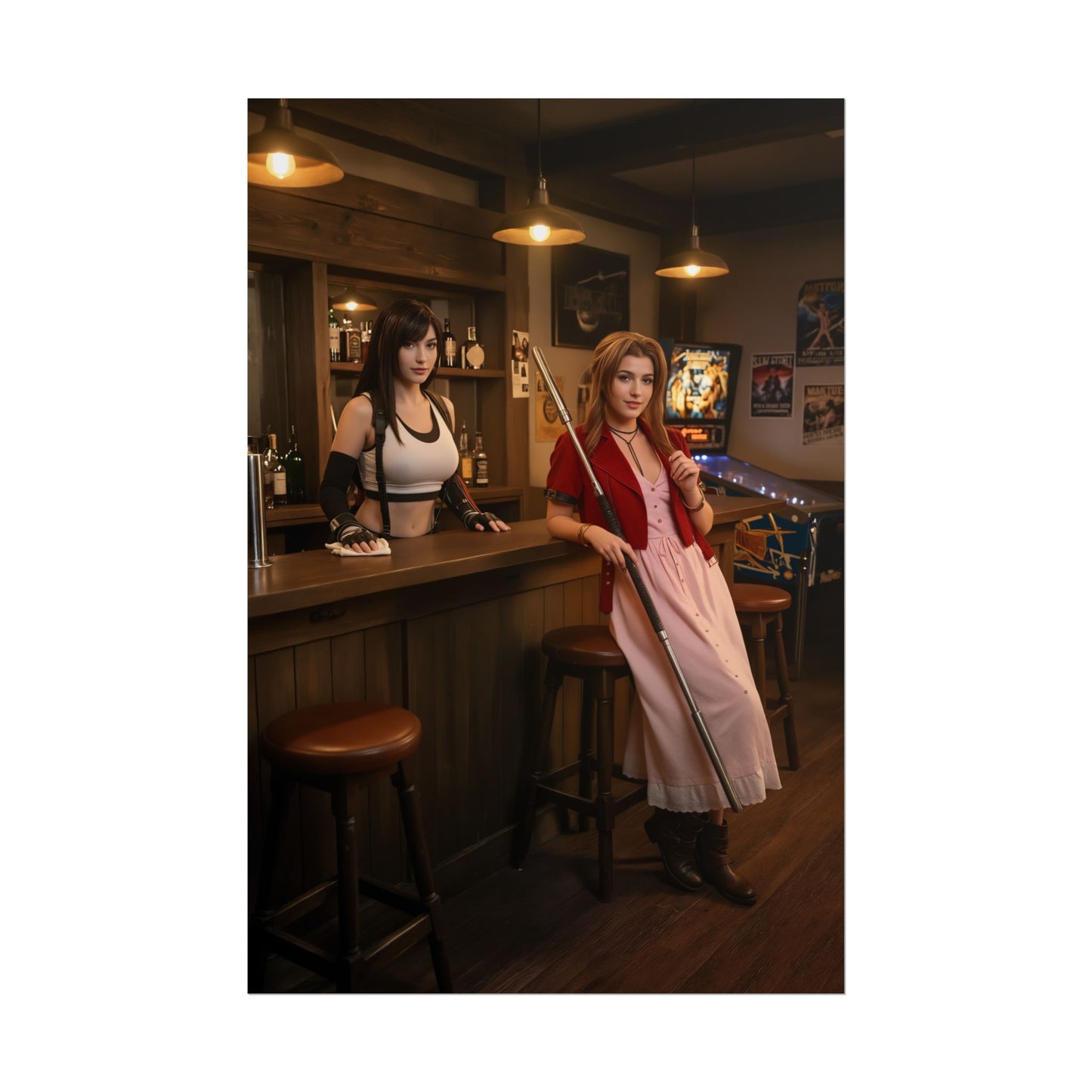 Tifa and Aerith Poster, Final Fantasy Art Print – Classic RPG Heroines premium semi-gloss wall art showing Tifa and Aerith in a cozy bar setting