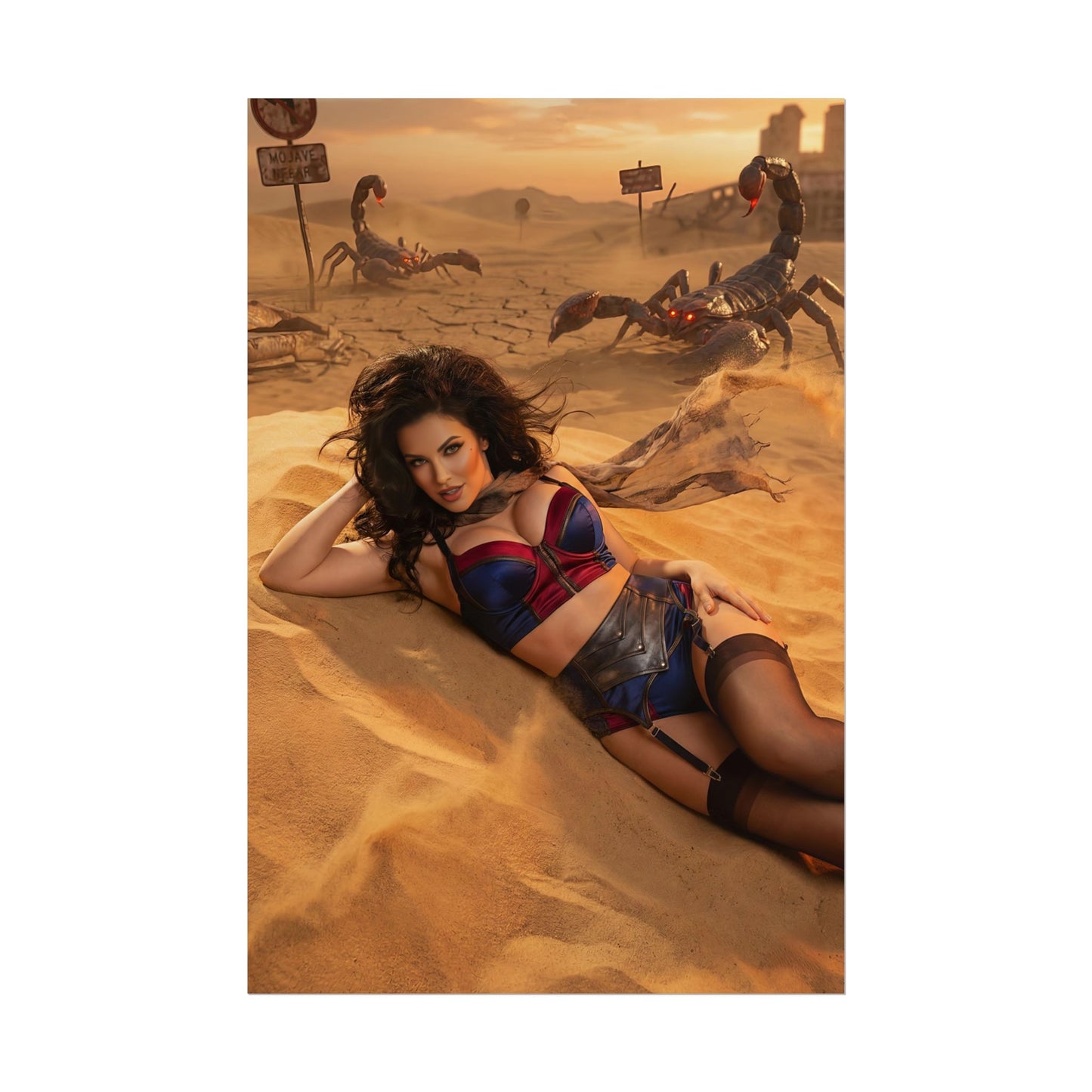 Fallout Pinup Woman Poster / Fallout Pinup Wall Art / Fallout Pinup Art Print / Fallout Poster - retro-futuristic pinup woman reclining in desert with giant scorpions