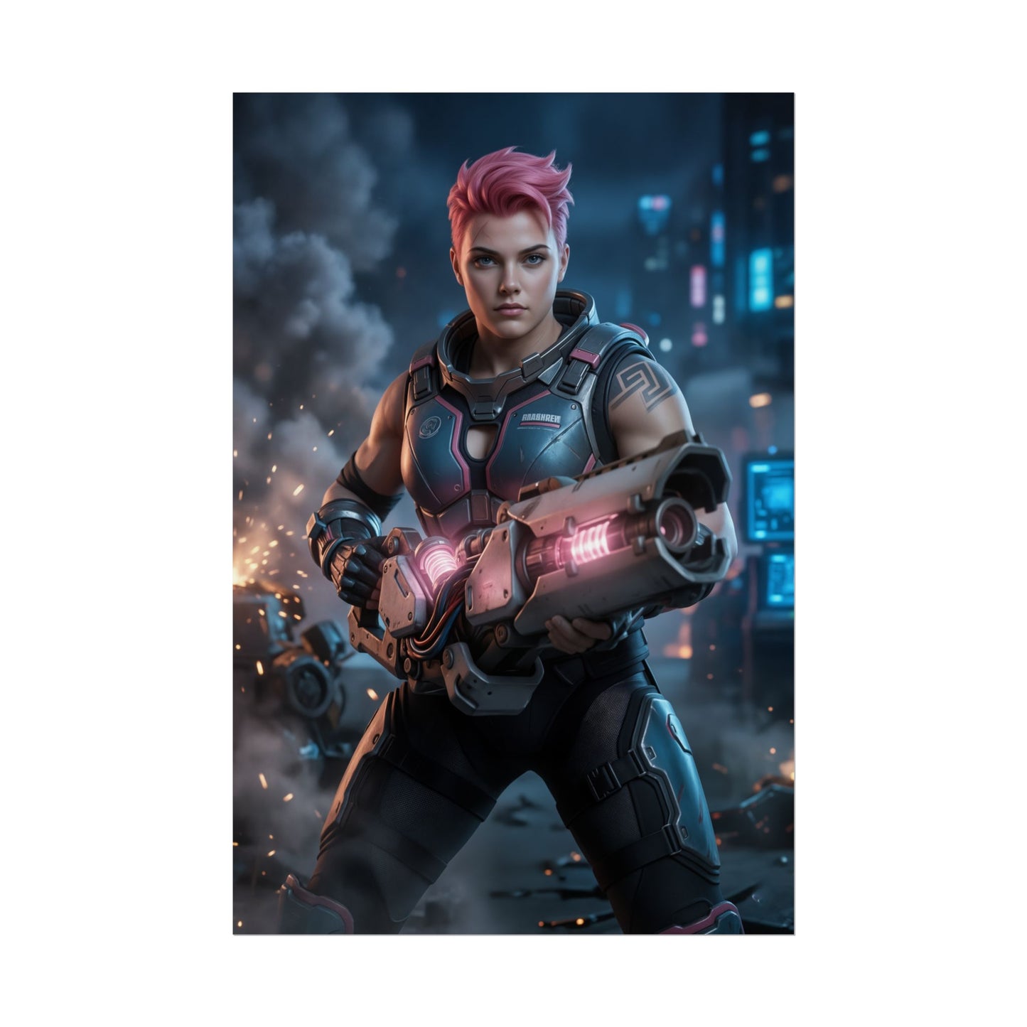 Zarya Poster Overwatch Wall Art Print Gaming Room Decor featuring armored soldier with glowing weapon effects and strong lighting contrast