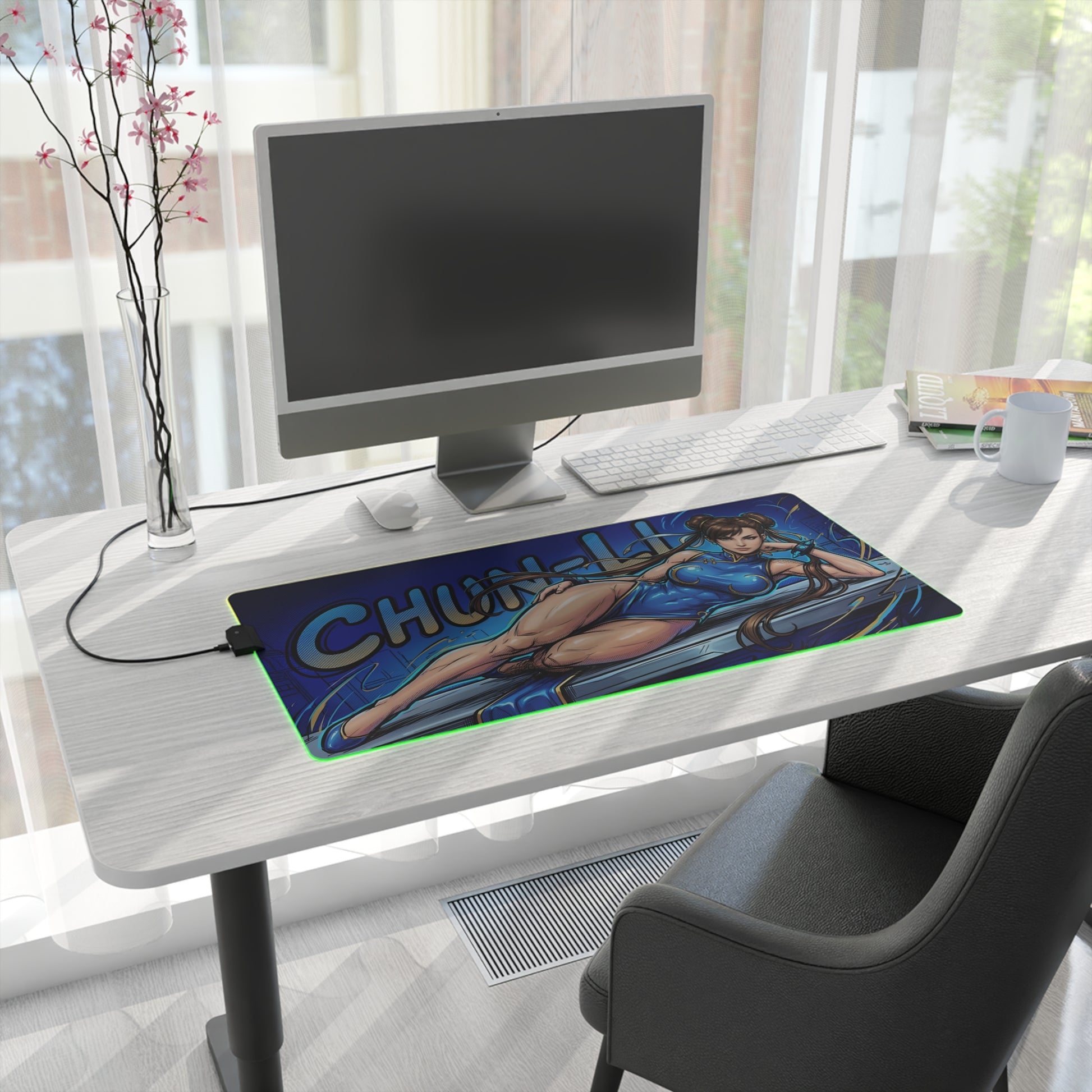 Chun-Li RGB Desk Mat, Fighting Game Gaming Mouse Pad, LED Desk Mat for Gamer Setup on modern gaming desk with blue artwork and RGB edge