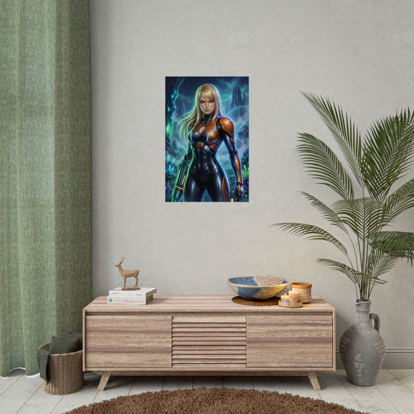 Samus Aran Sci Fi Armor Girl Poster Space Bounty Hunter Wall Art Futuristic Woman Print Gaming Room Decor Gift