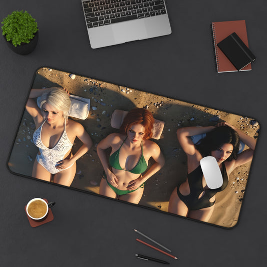 Ciri Triss Yennefer Gaming Mouse Pad, Witcher Desk Mat, Fantasy Heroine Setup - beach-themed trio desk mat featuring Ciri, Triss, Yennefer artwork