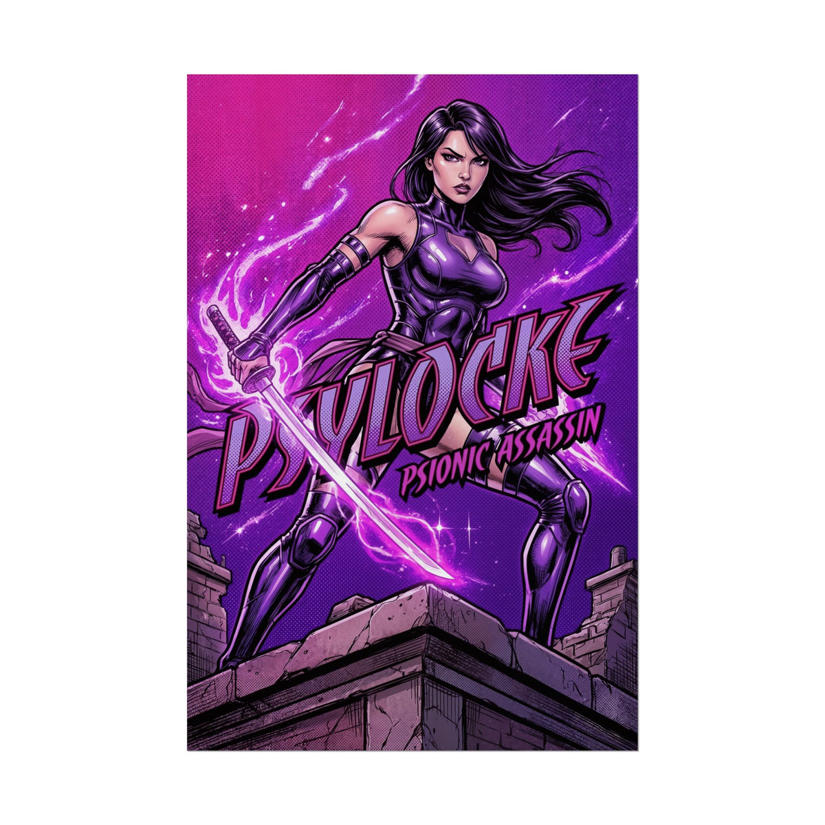 Psylocke Poster / Psylocke Wall Art / Psylocke Art Print / X-Men Poster  purple-toned Psylocke with glowing psi blade, dynamic action comic wall art