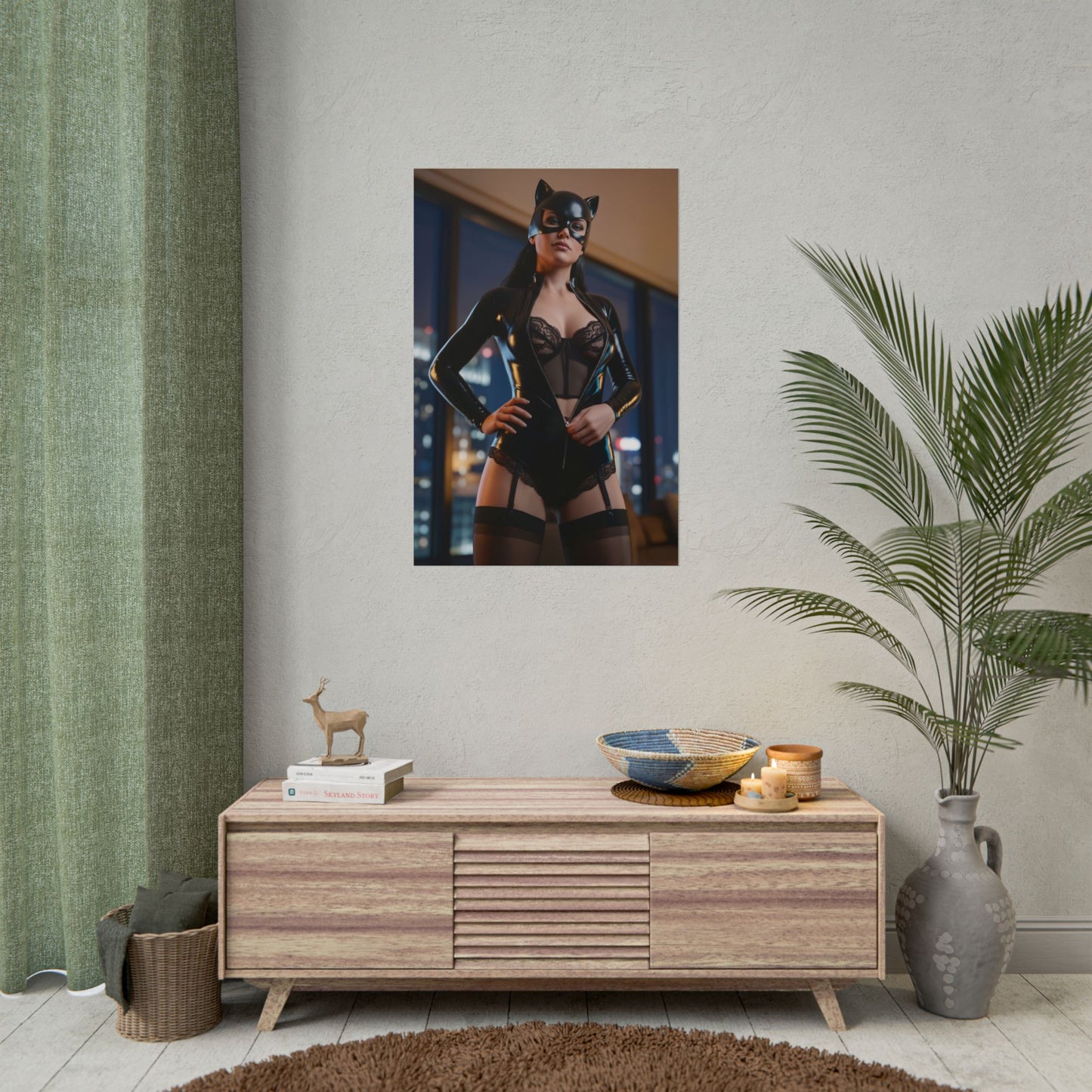 Catwoman Poster, DC Comics Art Print – Iconic Anti-Heroine Wall Art showing sleek Catwoman portrait in glossy black costume over a modern living room console