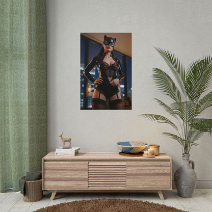 Catwoman Poster, DC Comics Art Print – Iconic Anti-Heroine Wall Art showing sleek Catwoman portrait in glossy black costume over a modern living room console