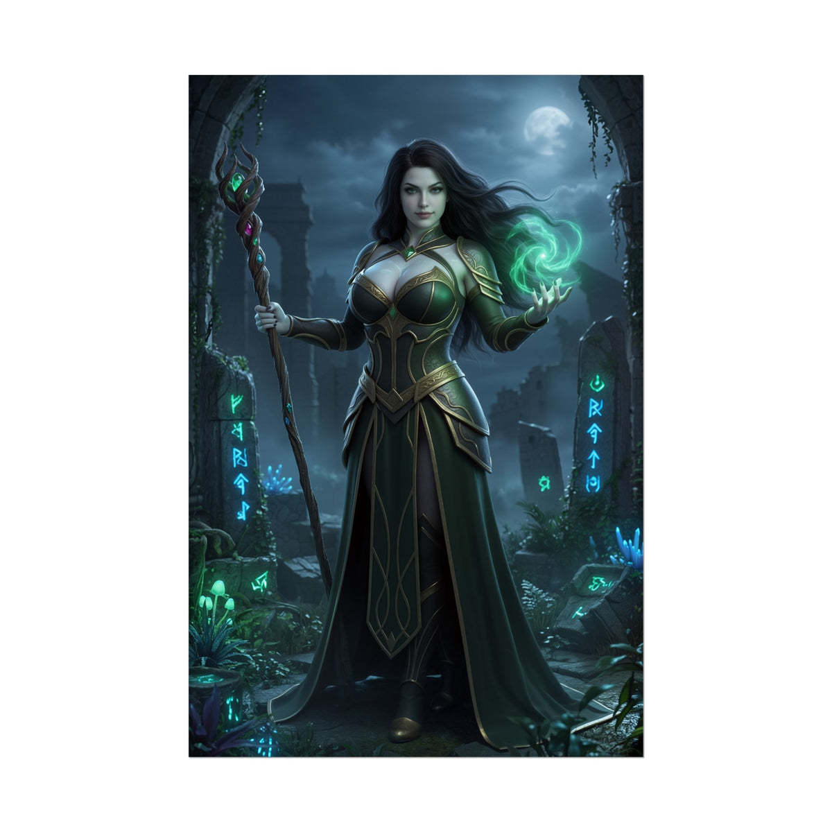 Circe Poster, DC Comics Art Print  Mythic Villainess Wall Art showing Circe in dark green armor casting glowing magic in a moonlit ruin