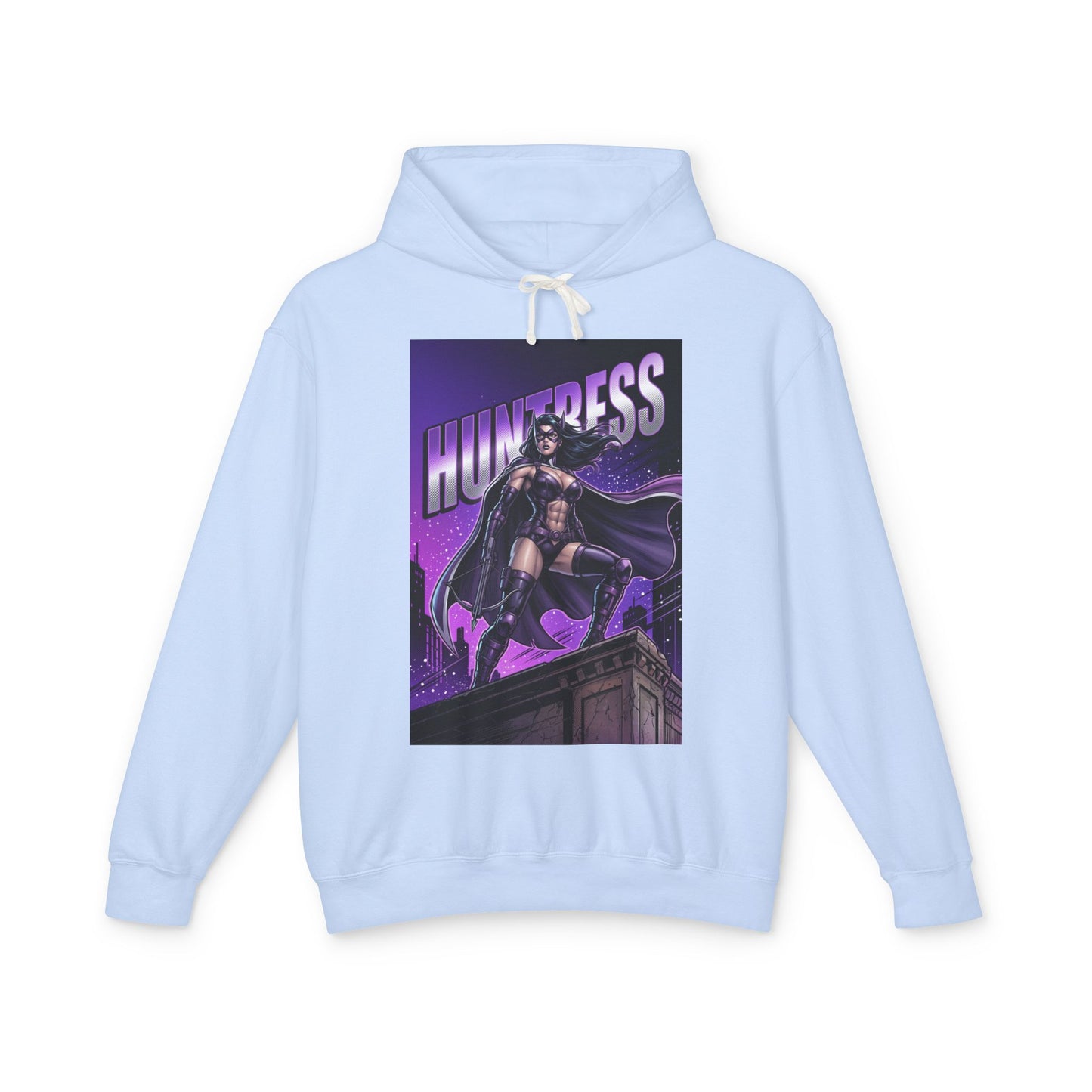 Huntress Hoodie | DC Vigilante Hoodie | Gotham Avenger Pullover - light blue graphic hoodie featuring Huntress rooftop comic art
