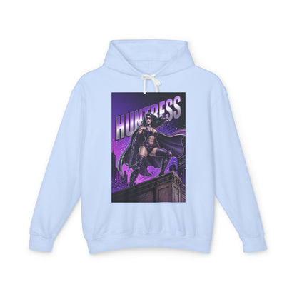 Huntress Hoodie | DC Vigilante Hoodie | Gotham Avenger Pullover - light blue graphic hoodie featuring Huntress rooftop comic art