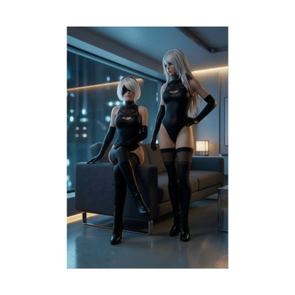 2B and A2 Poster, NieR Automata Art Print – Sci-Fi Android Wall Art featuring 2B and A2 in sleek black outfits in a moody gaming room scene