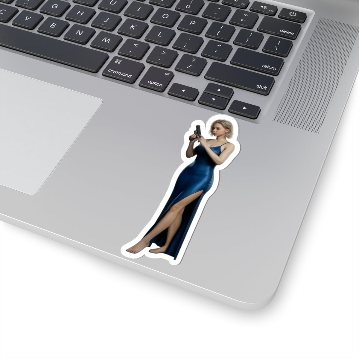 Grace Ashcroft Sticker, Resident Evil Sticker, Vinyl Wall Decor, Gift for Gamer — glossy vinyl laptop sticker of Grace Ashcroft in blue dress