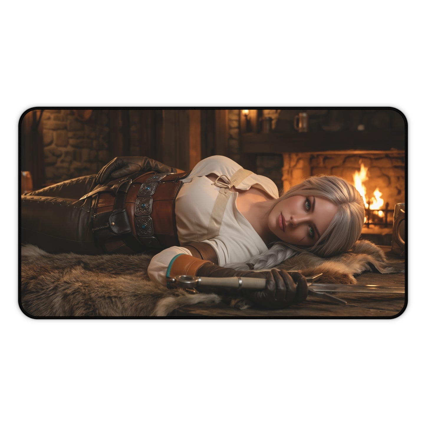Ciri Gaming Mouse Pad, Witcher Desk Mat, Fantasy Heroine Gaming Setup featuring Ciri reclining by a hearth with sword and fur rug