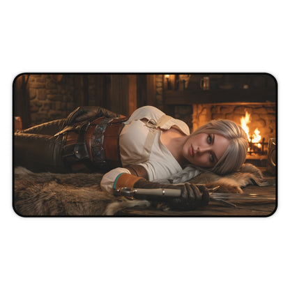 Ciri Gaming Mouse Pad, Witcher Desk Mat, Fantasy Heroine Gaming Setup featuring Ciri reclining by a hearth with sword and fur rug