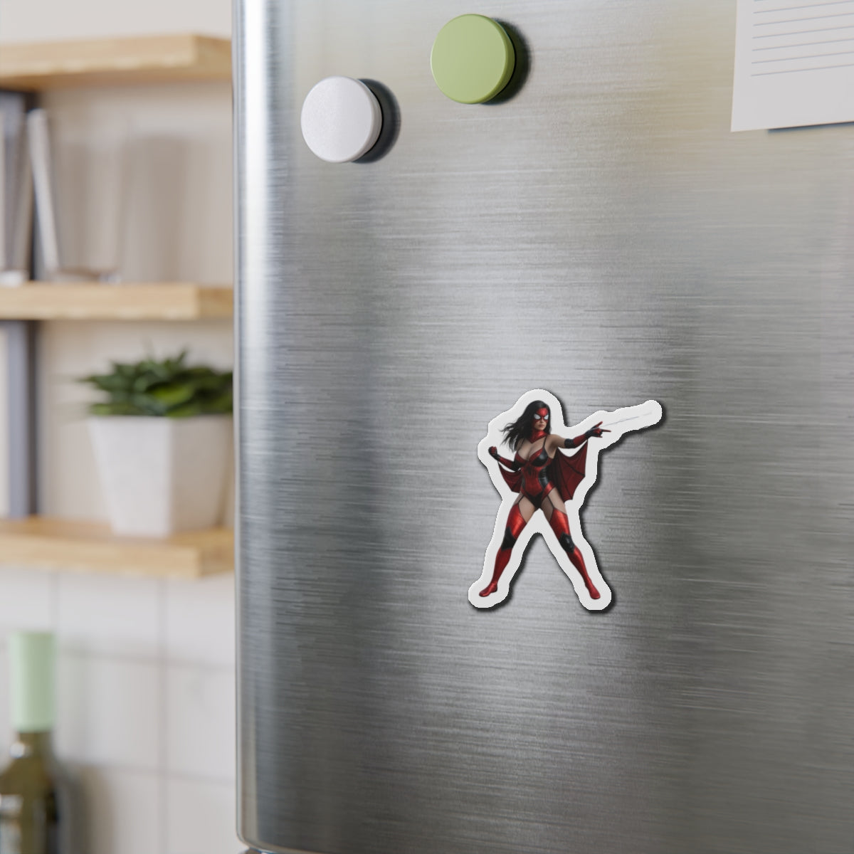 Spider-Woman Magnet – Marvel Heroine Fridge Magnet, Anime Style Decor showing die-cut vinyl Spider-Woman sticker on stainless steel fridge