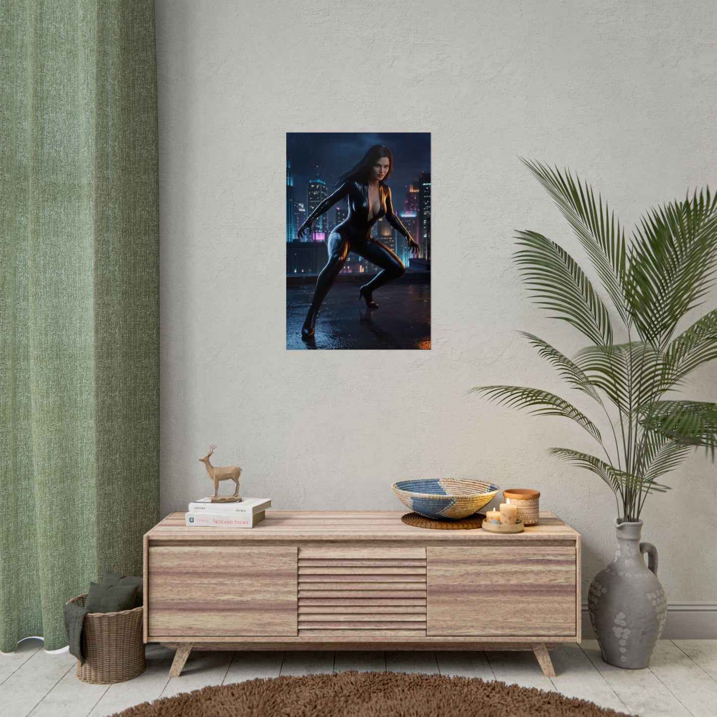 Black Cat Poster, Marvel Art Print – Gamer Room Superhero Wall Art - sleek poster of Black Cat in stealth pose over cityscape, gamer room decor