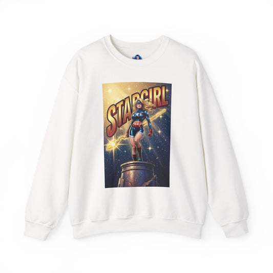 Stargirl Sweatshirt, DC Comics Character Art, Premium Fan Apparel - white crewneck with Stargirl holding cosmic staff and gold star accents