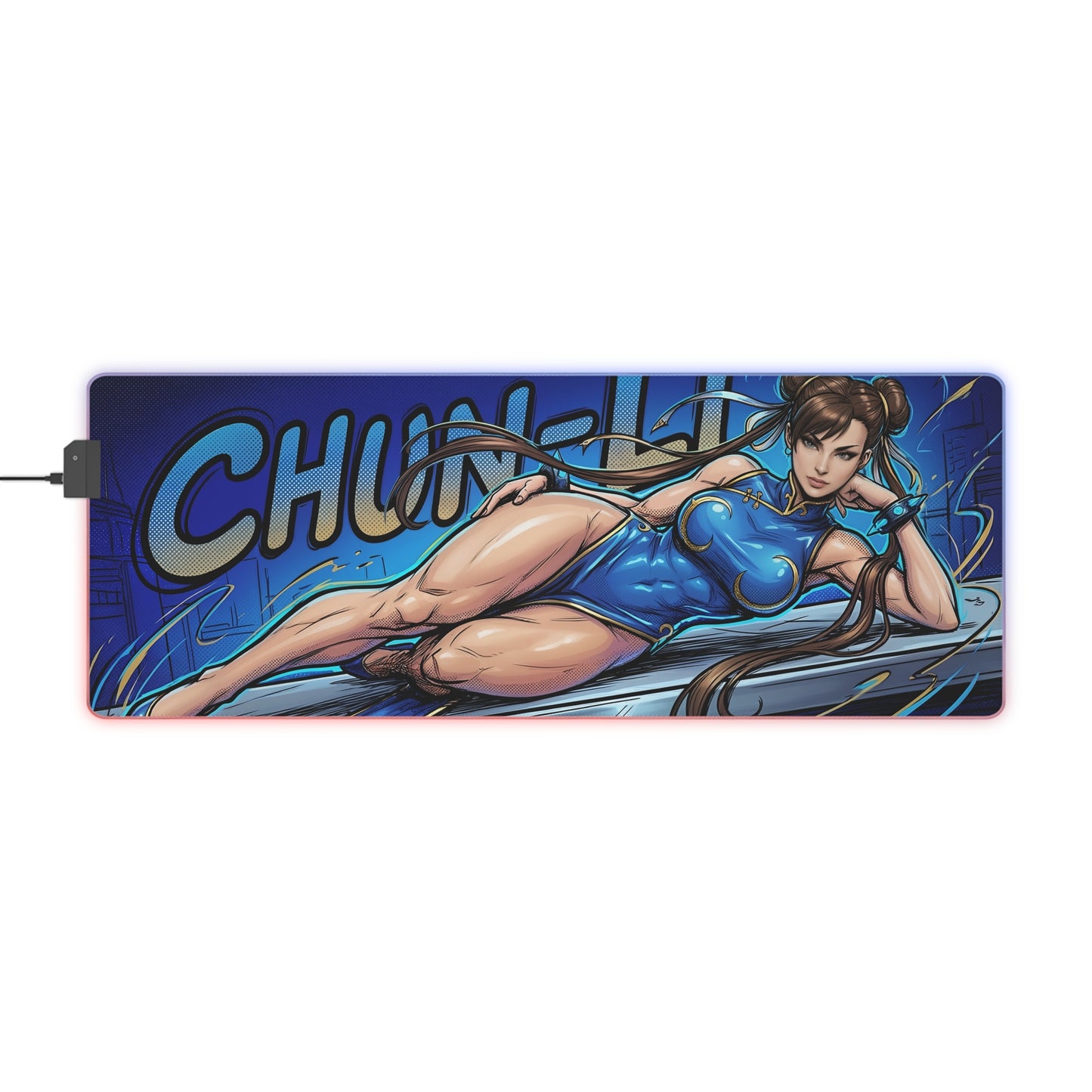 Chun-Li RGB Desk Mat, Fighting Game Gaming Mouse Pad, LED Desk Mat for Gamer Setup with vibrant blue Chun-Li art and RGB lighting