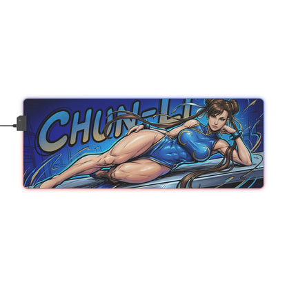 Chun-Li RGB Desk Mat, Fighting Game Gaming Mouse Pad, LED Desk Mat for Gamer Setup with vibrant blue Chun-Li art and RGB lighting