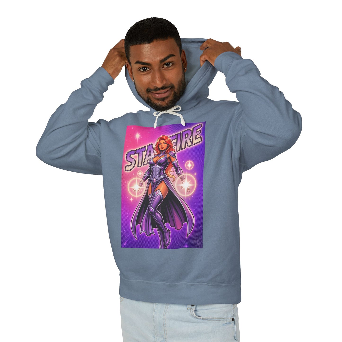 Starfire Hoodie | DC Superhero Hoodie | Cosmic Princess Pullover featuring graphic Starfire design on soft blue pullover hoodie