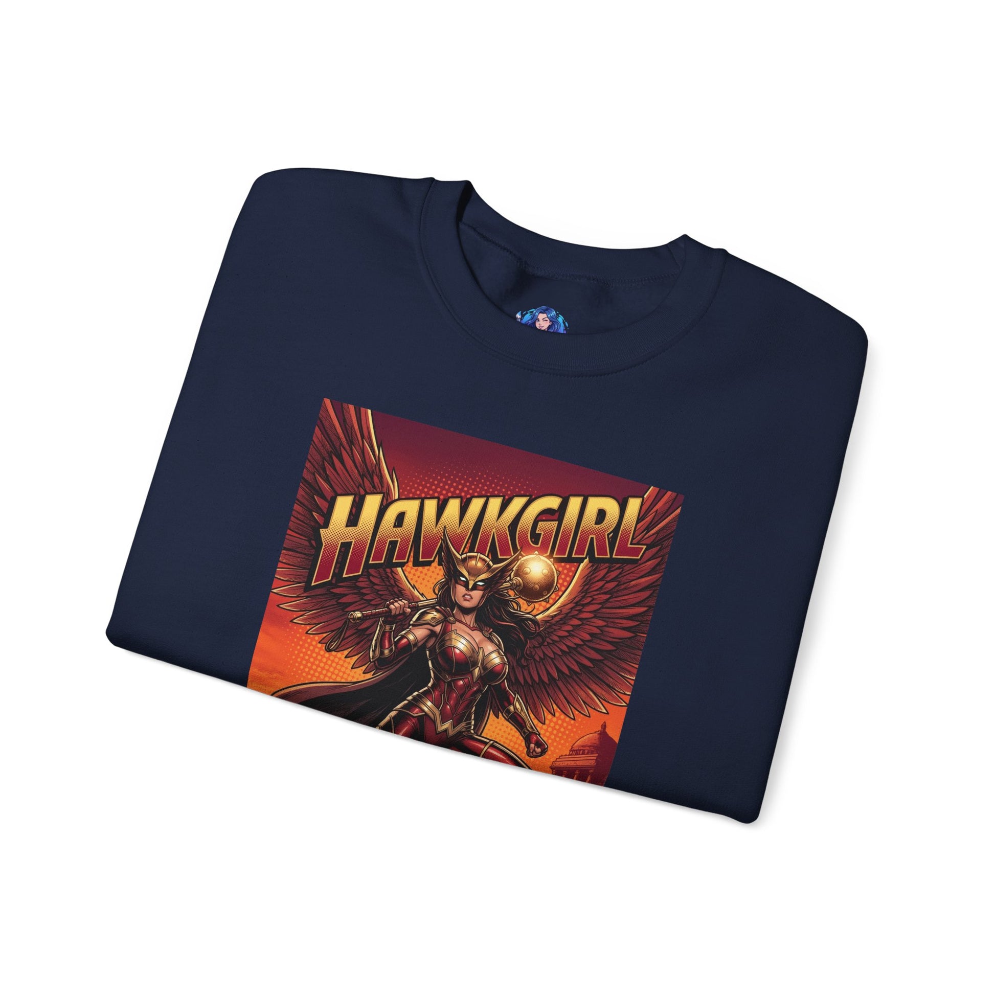 Hawkgirl Sweatshirt, DC Comics Wall Art Style, Premium Heroine Apparel - navy crewneck with bold winged Hawkgirl graphic