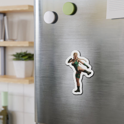 Cammy White Magnet – Street Fighter Anime Heroine Fridge Magnet, Game Decor on stainless steel fridge showing die-cut anime-style character sticker