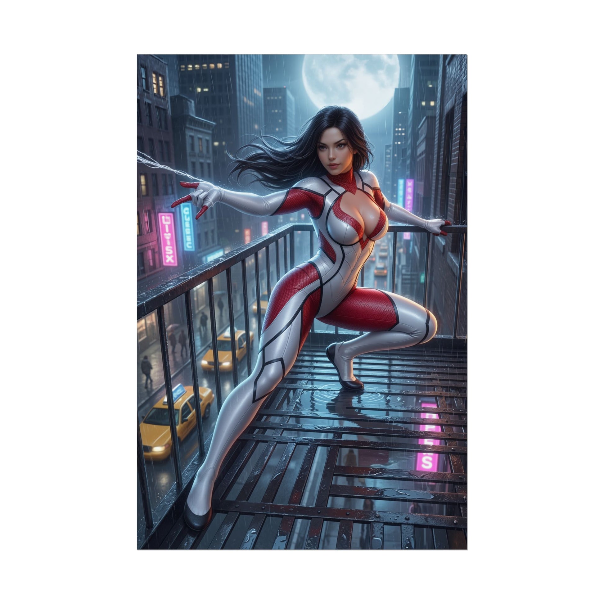 Spider-Woman Poster, Marvel Art Print – Superhero Wall Art - high-res gamer room wall art featuring Spider-Woman in dynamic city rooftop pose
